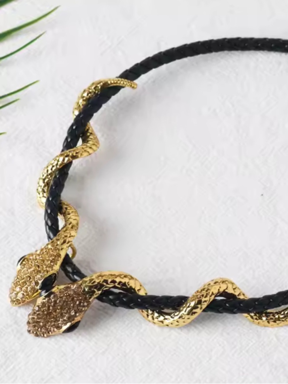 Serpent serpentine Gold-Tone Snake Statement Necklace with Black Braided Cord